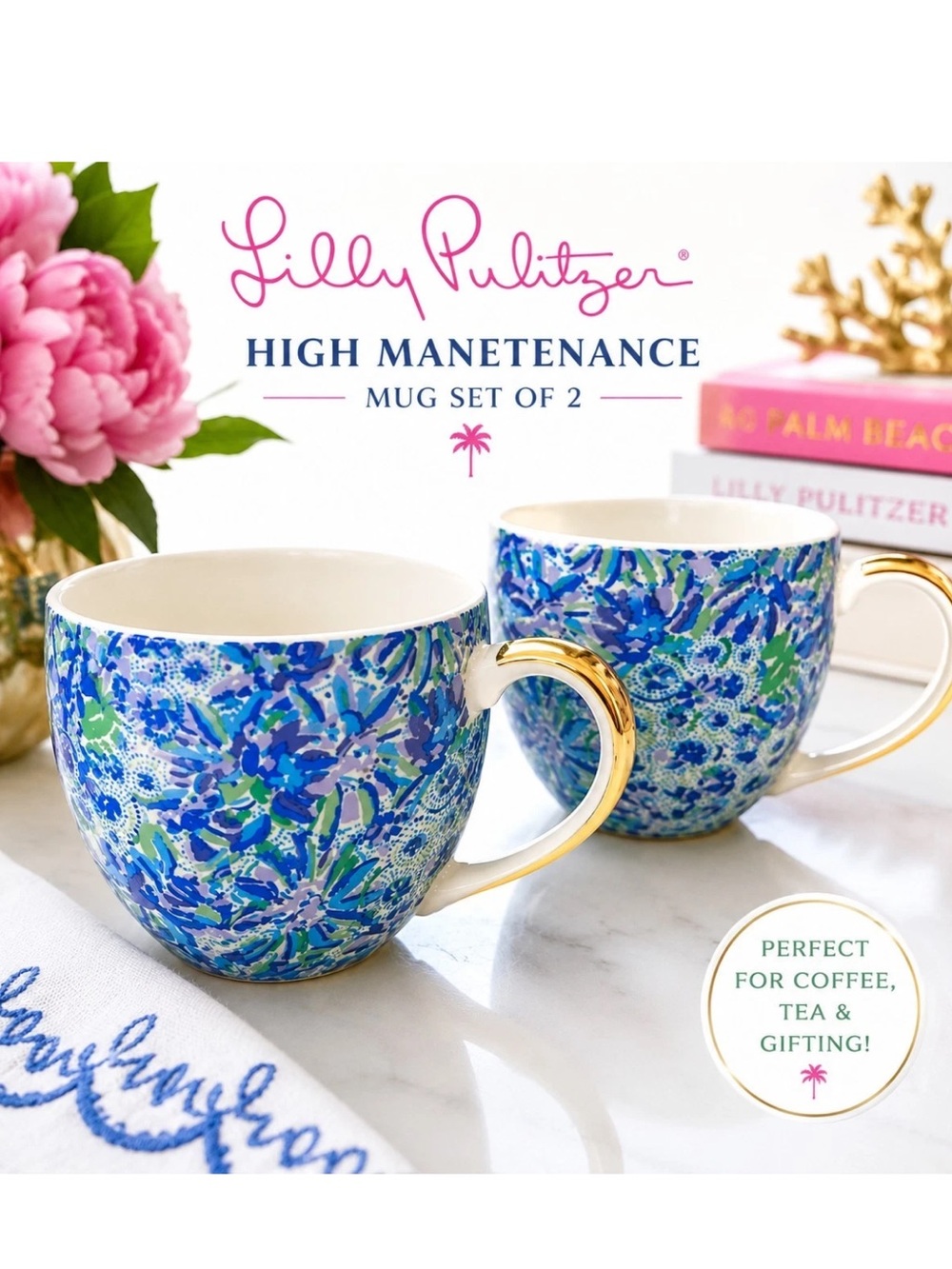 Lilly Pulitzer ceramic mugs set of 2 blue floral NIB